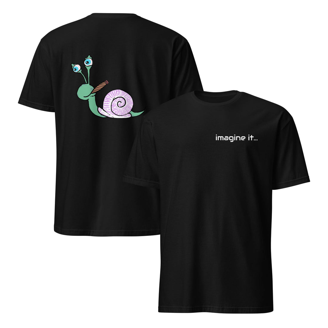 Black Slow Burn Snail graphic tee with laid-back stoner humor, shown from the front and back